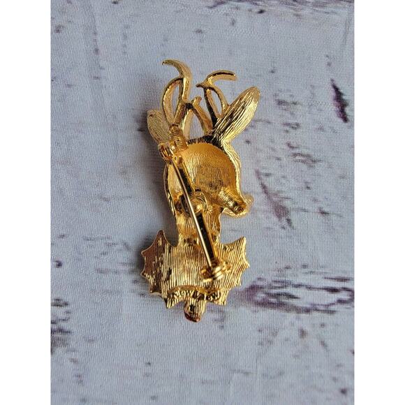 VTG Gold Tone Christmas Deer Green Red Enamel Crystal Brooch Pin - Picture 4 of 6